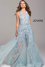 JOVANI サイド装飾ロングドレス♫ Light Blue Lace Halter Neck Prom Jumpsuit 60124 | Jovani