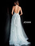 Front view of Jovani 60124 dress in light blue, highlighting halter neckline and lace design.