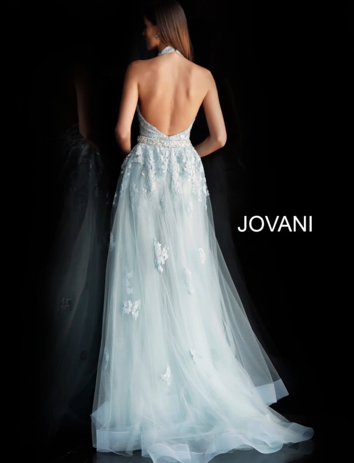 Front view of Jovani 60124 dress in light blue, highlighting halter neckline and lace design.
