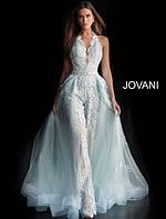 Model wearing Jovani 60124 gown in light blue, showing intricate lace details and sheer overlay.