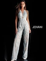 Jovani 60124 dress back view in light blue, featuring an open back and layered sheer fabric.