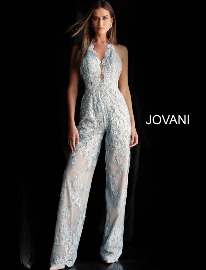 Jovani 60124 dress back view in light blue, featuring an open back and layered sheer fabric.