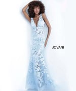 Model wearing Jovani 60283 light blue gown with floral lace details.