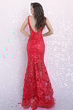 Back view of Jovani 60283 red gown emphasizing lace details.