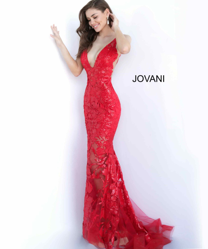 Model wearing Jovani 60283 mermaid gown in red with floral embroidery.