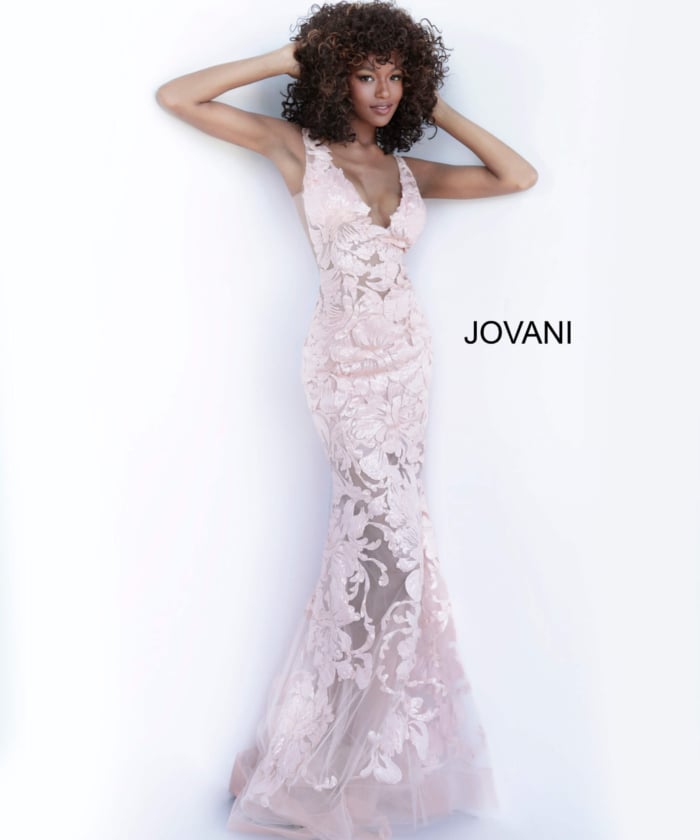 Model wearing Jovani 60283 Light Blue Floral Appliques Prom Dress