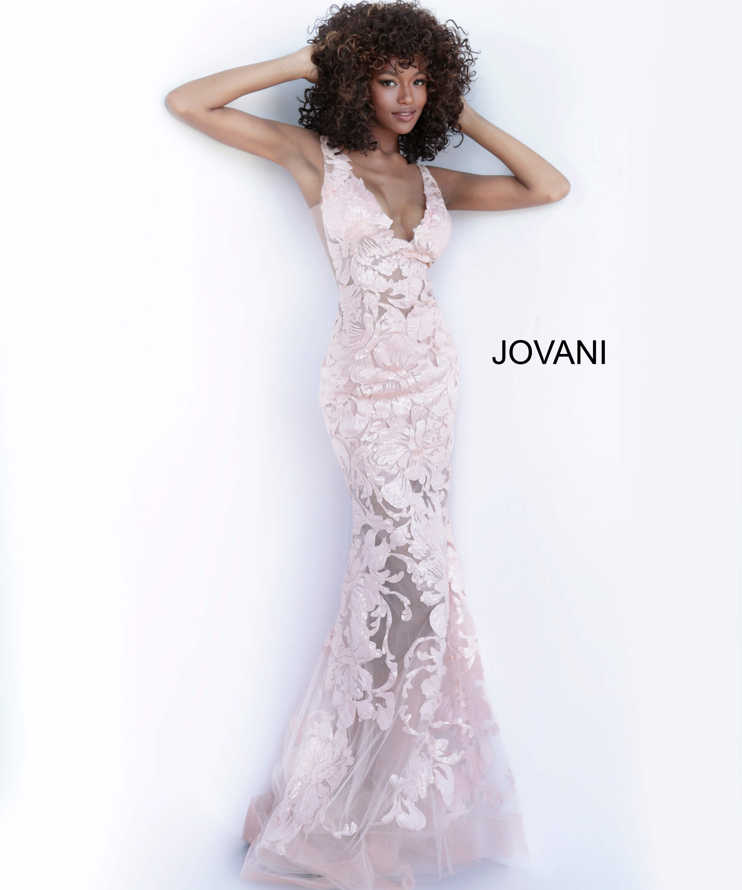 Model wearing Jovani 60283 Light Blue Floral Appliques Prom Dress