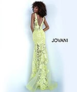 Back view of Jovani 60283 yellow gown with floral lace design.