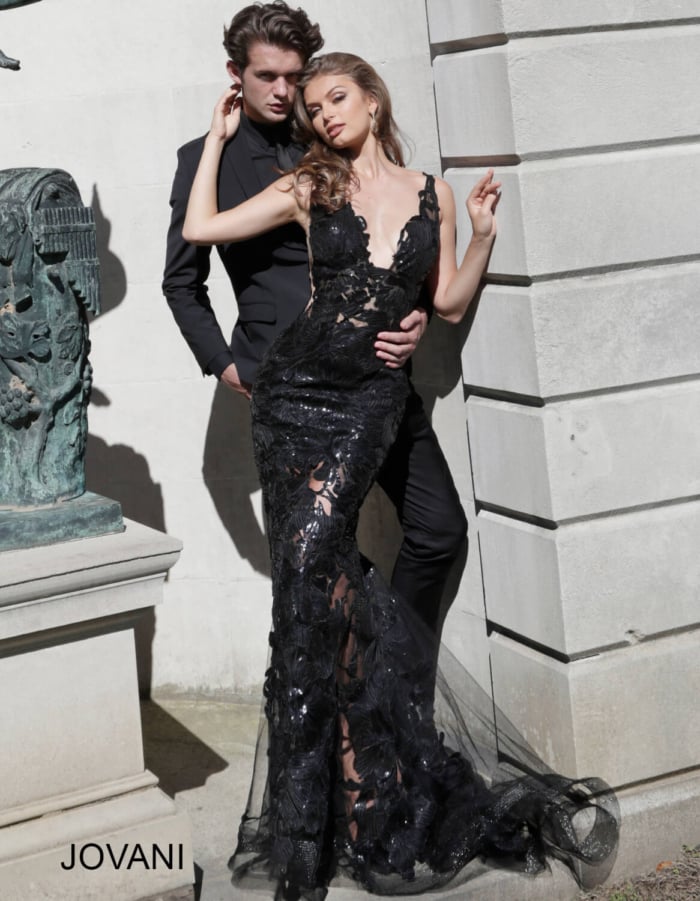 Model wearing Jovani 60283 Pink V Neck Sexy Prom Dress