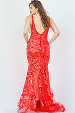 Back view of Jovani 60283 mermaid gown in red with floral embroidery.