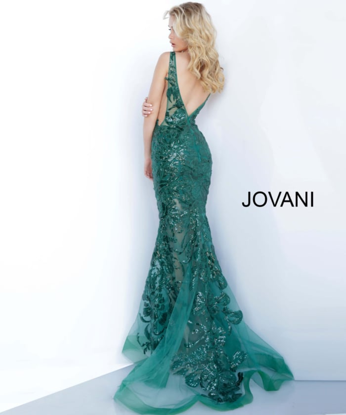 Back view of Jovani 60283 green mermaid gown with lace appliqué.