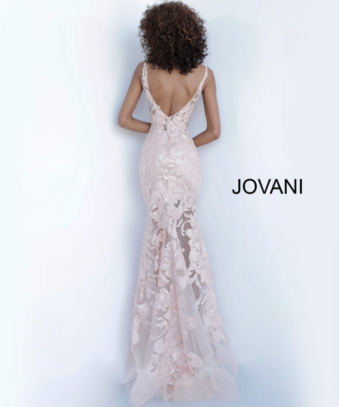 Back view of Jovani 60283 in pink with lace detailing.