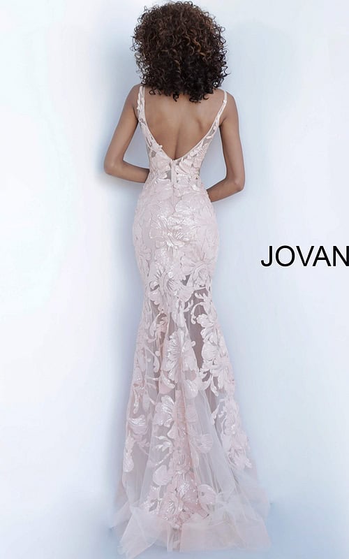 model wearing Jovani 60283 pink dress with floral applique, back view