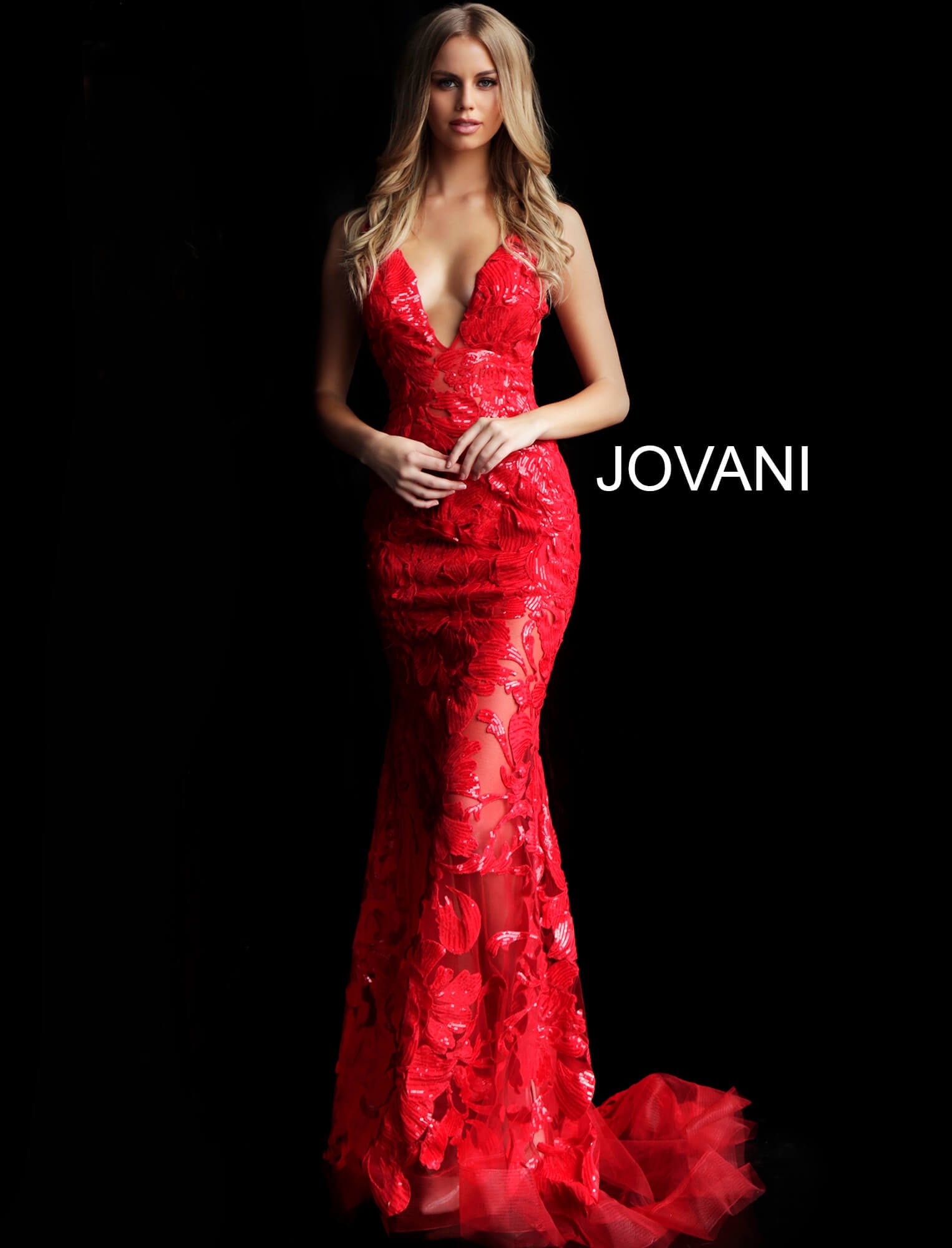 Model wearing Jovani 60283 Light Blue Floral Appliques Prom Dress