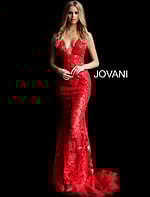 Model wearing Jovani 60283 red gown with lace embroidery and mermaid silhouette.