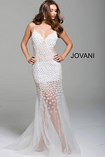 Elegant Jovani 60695 gown in white, showcasing floral details and sweetheart neckline, front view.