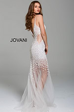 Side view of Jovani 60695 gown in white, featuring floral appliques and tulle skirt.