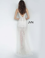 Back view of Jovani 60695 gown in white, featuring a deep V-cut back and appliques.