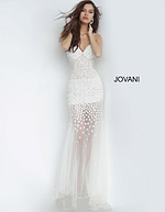 Side view of Jovani 60695 gown in white, showcasing floral details and sheer skirt.