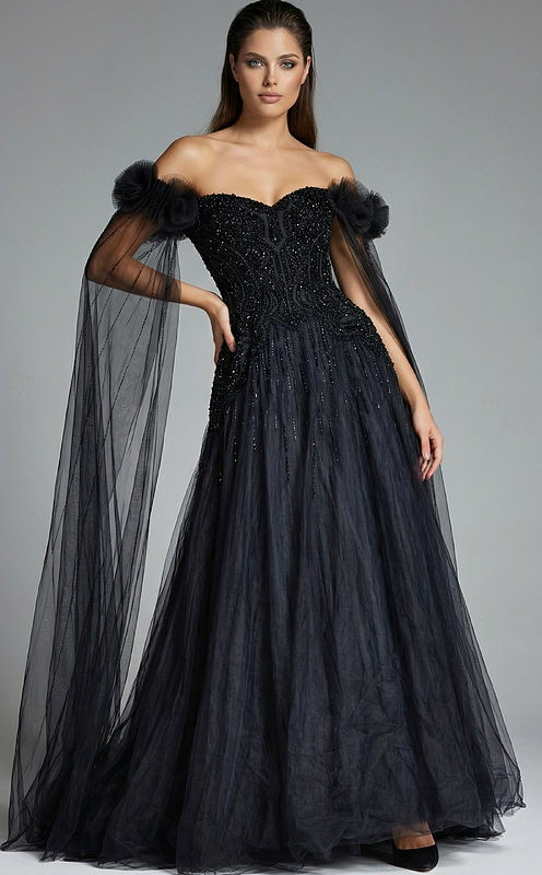 Off-Shoulder A-Line Gown with Beaded Bodice 61002 | Jovani