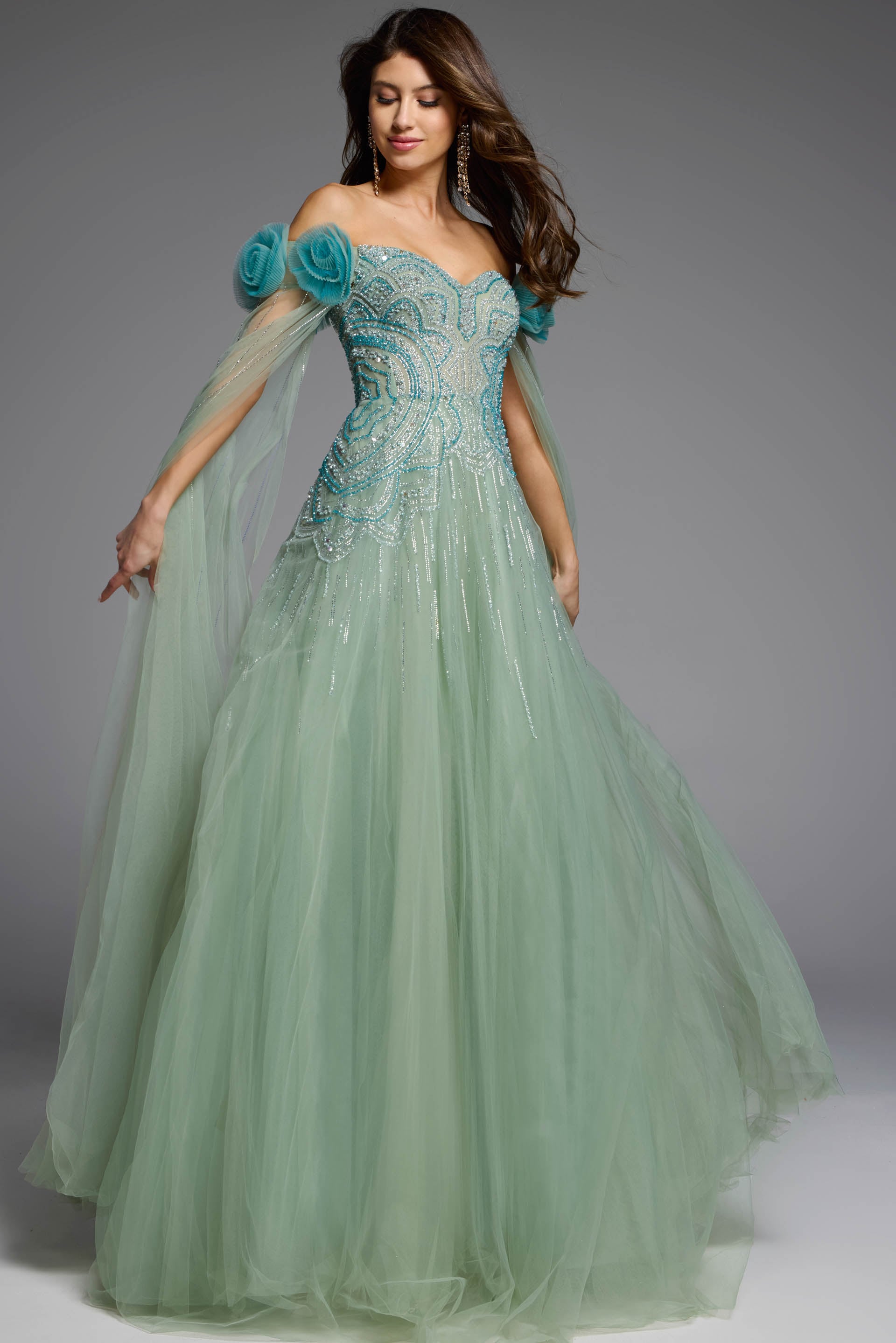 61002_GRN_009 1 Off-the-shoulder green gown with delicate tulle cape detailing