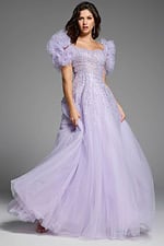 Square neckline lavender dress featuring shimmering embellishments and layered tulle.