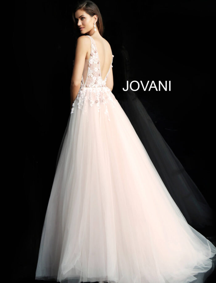 model wearing Jovani 61109 blush gown, back view showing V-back design
