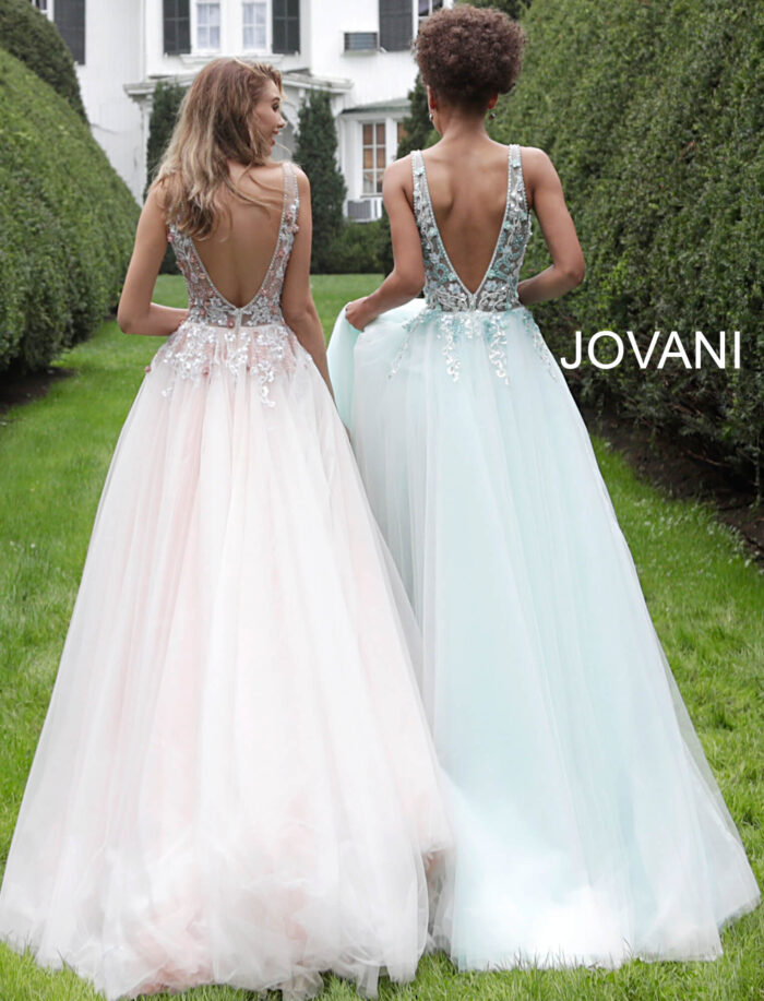 models wearing Jovani 61109 blue and blush gowns, back view
