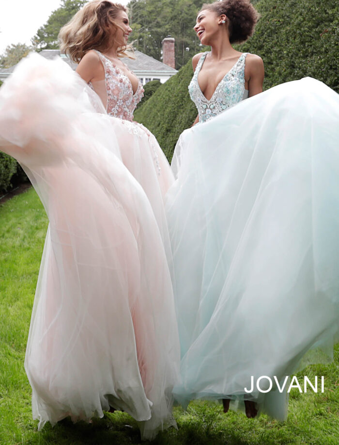 models wearing Jovani 61109 blue and blush ballgowns, posing together