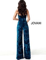 Back view of Jovani 61740 teal blue velvet jumpsuit, highlighting the wide-leg silhouette.