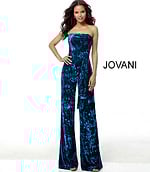Front view of Jovani 61740 teal blue jumpsuit with strapless neckline and belt detailing.