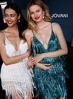 Model wearing Jovani 61883 Teal Fringe Spaghetti Strap Cocktail Dress