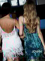 Model wearing Jovani 61883 Teal Fringe Spaghetti Strap Cocktail Dress