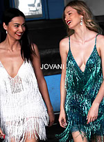 Model wearing Jovani 61883 Teal Fringe Spaghetti Strap Cocktail Dress