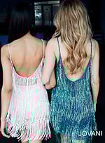 Model wearing Jovani 61883 Teal Fringe Spaghetti Strap Cocktail Dress