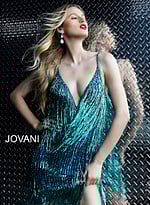 Model wearing Jovani 61883 Teal Fringe Spaghetti Strap Cocktail Dress