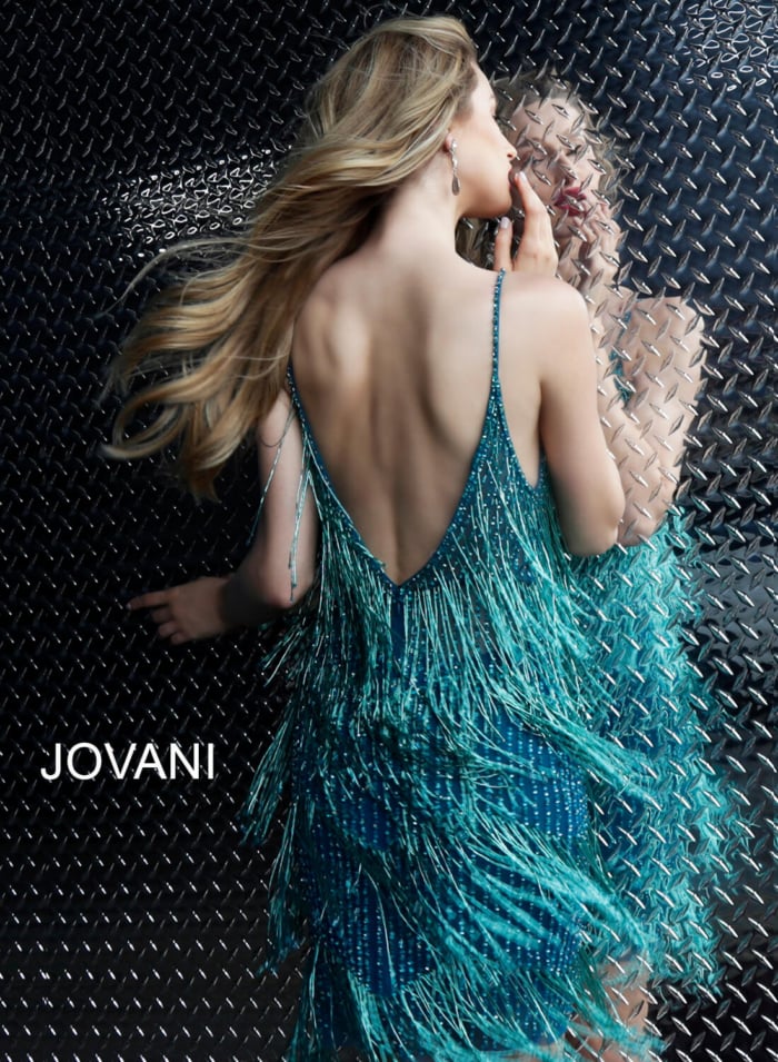 Model wearing Jovani 61883 Teal Fringe Spaghetti Strap Cocktail Dress
