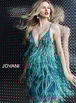 Model wearing Jovani 61883 Teal Fringe Spaghetti Strap Cocktail Dress