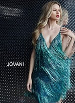 Model wearing Jovani 61883 Teal Fringe Spaghetti Strap Cocktail Dress