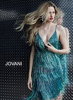 Jovani 61883 Teal Fringe Spaghetti Strap Cocktail Dress