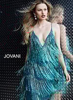 Jovani 61883 Teal Fringe Spaghetti Strap Cocktail Dress