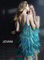 Model wearing Jovani 61883 Teal Fringe Spaghetti Strap Cocktail Dress