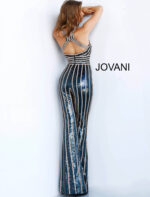 Back view of Jovani 62493 with criss-cross strap details, black and gold sequin gown.