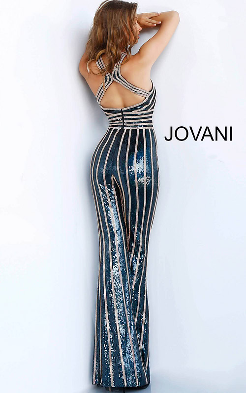 Back view of Jovani 62493 with criss-cross strap details, black and gold sequin gown.