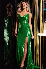 model wearing Jovani 63167 green sequin gown with shimmering details