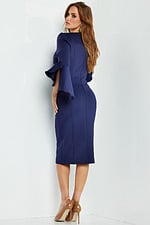 Back view of Jovani 63169 navy dress, showing elegant ruffle sleeves and fitted design.