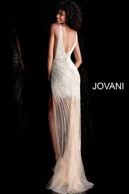 Model showcasing the back of Jovani 63405 gold sequin gown with plunging open back