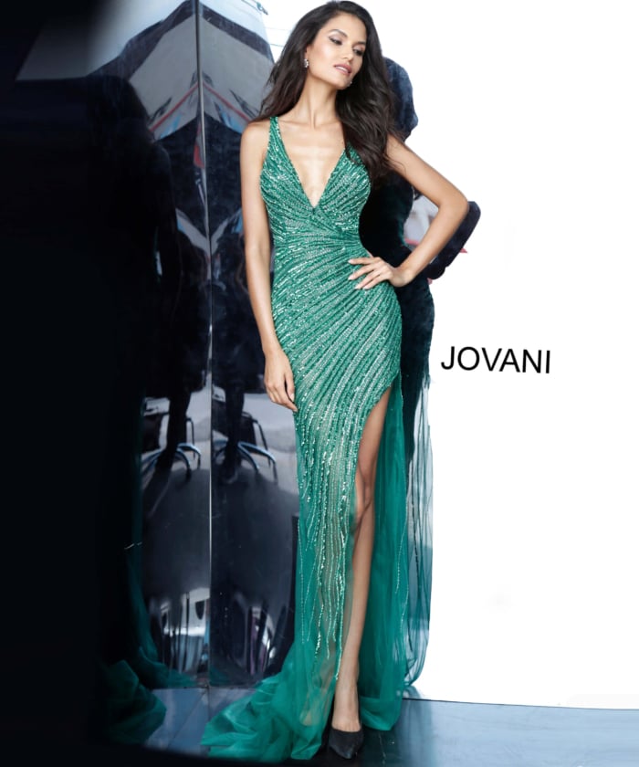 Full body front view of Jovani 63405 green dress with high slit and tulle.
