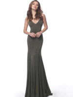 Model wearing Jovani 63563 olive green dress with V-neckline and sparkling details, front view.
