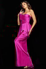 Model showcasing Jovani 63612 lilac gown from the side, highlighting the asymmetrical detail.